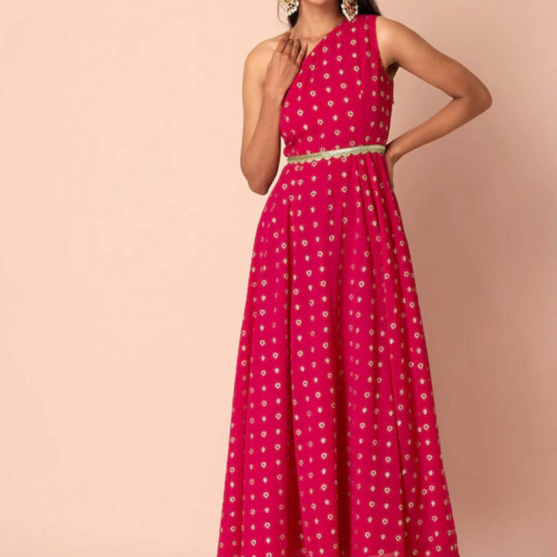 Women Pink One Shoulder Belted Ethnic Dress