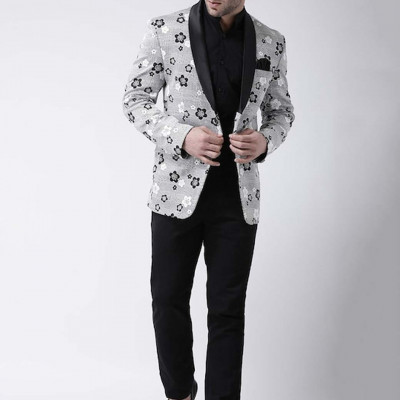 Men Grey Printed Single Breasted Blazer