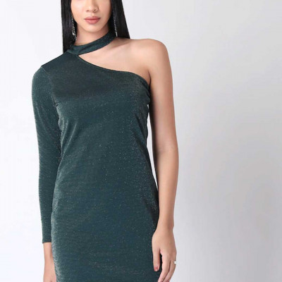 Women Green One Shoulder Bodycon Mini Dress