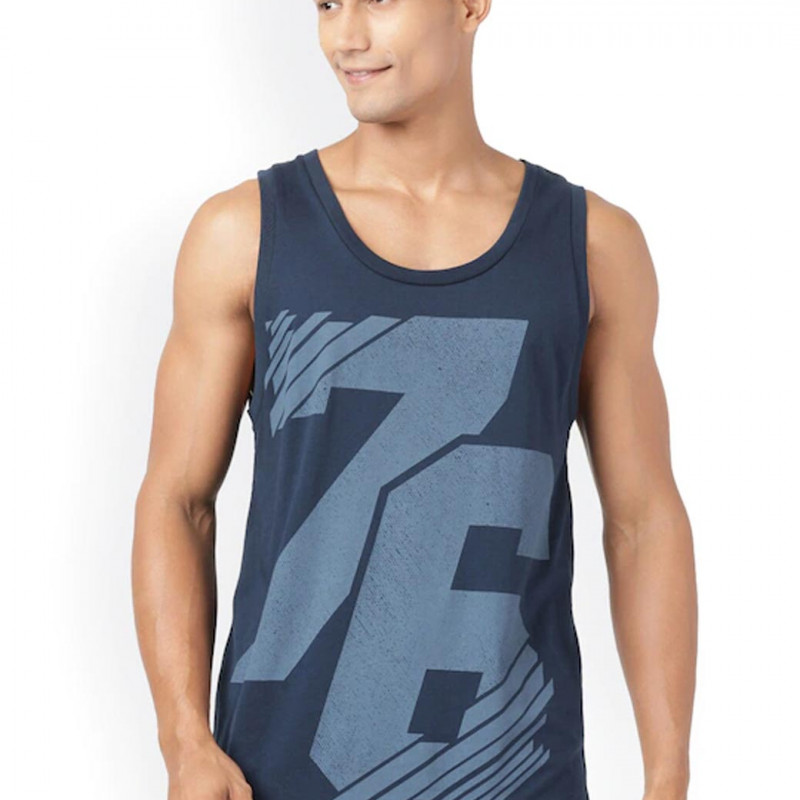 Men Navy Blue Printed Cotton Innerwear Vests