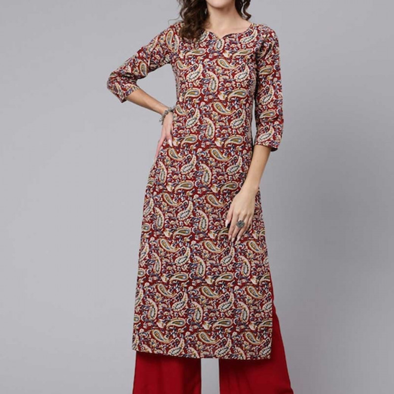 Women Maroon And Blue Paisley Printed Cotton Kurta