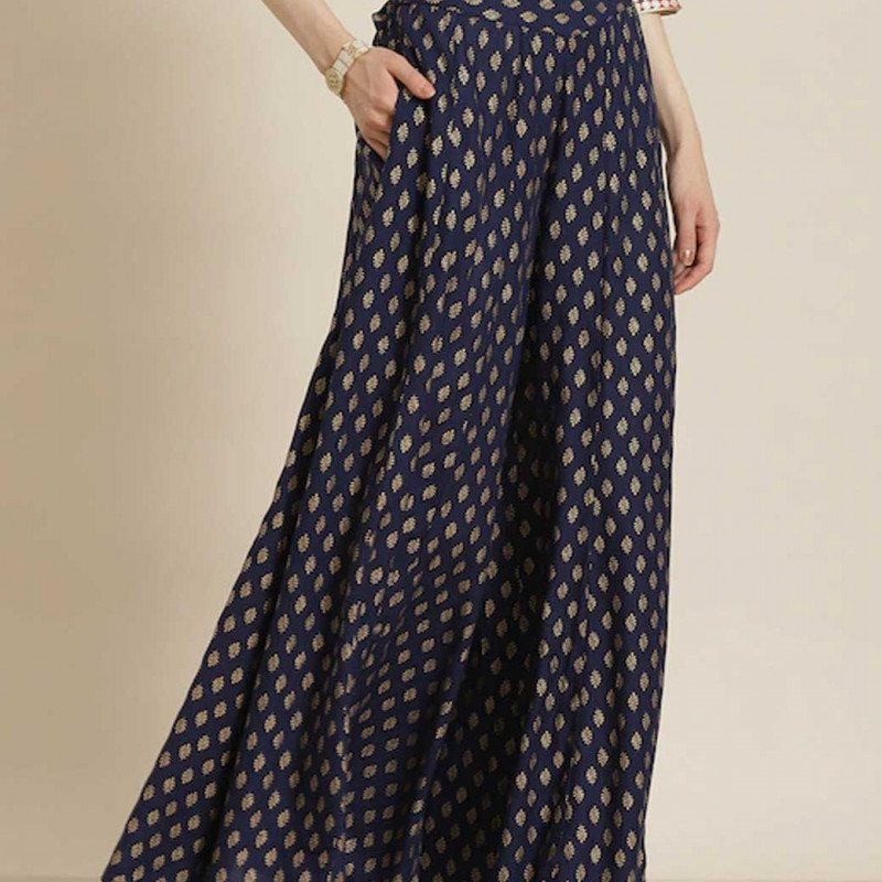 Women Navy Blue & Golden Ethnic Motifs Printed Flared Palazzos