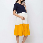 Navy Blue Colourblocked Maternity Nursing Fit & Flare Dress