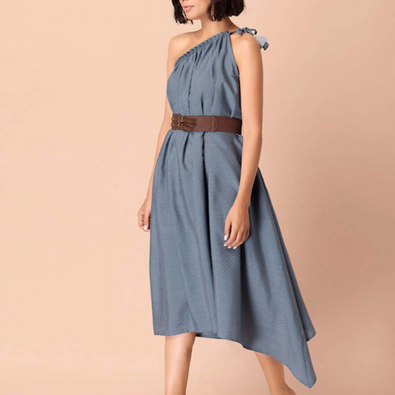 Blue One Shoulder Dress with Leather Belt