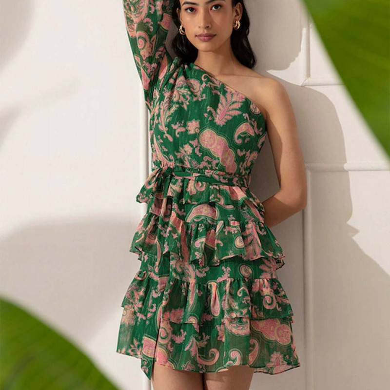 Green & Pink Floral One Shoulder Chiffon Dress