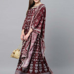 Women Coffee Brown & Off-White Floral Block Printed Anarkali Kurta with Dupatta