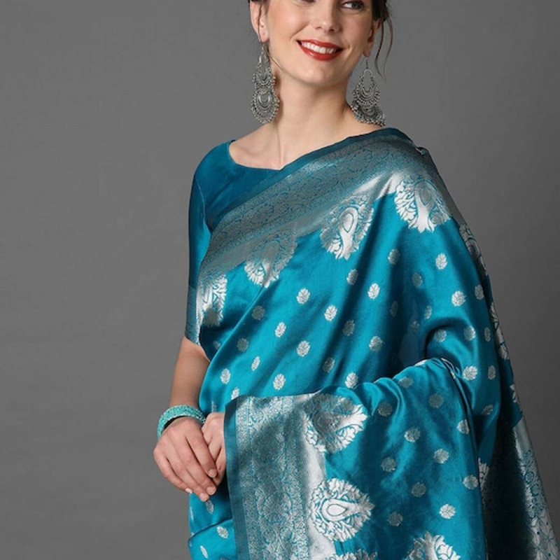 Blue & Silver-Coloured Ethnic Motifs Woven Design Silk Blend Banarasi Saree