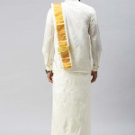 Men Cream-Coloured Solid Pure Silk Dhoti & Towel